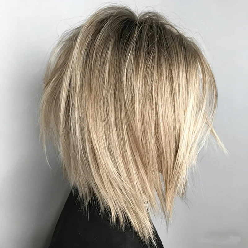 Short Bob Ombre White Blonde Lace Front 100% Human Hair Wigs Ash Brown Roots