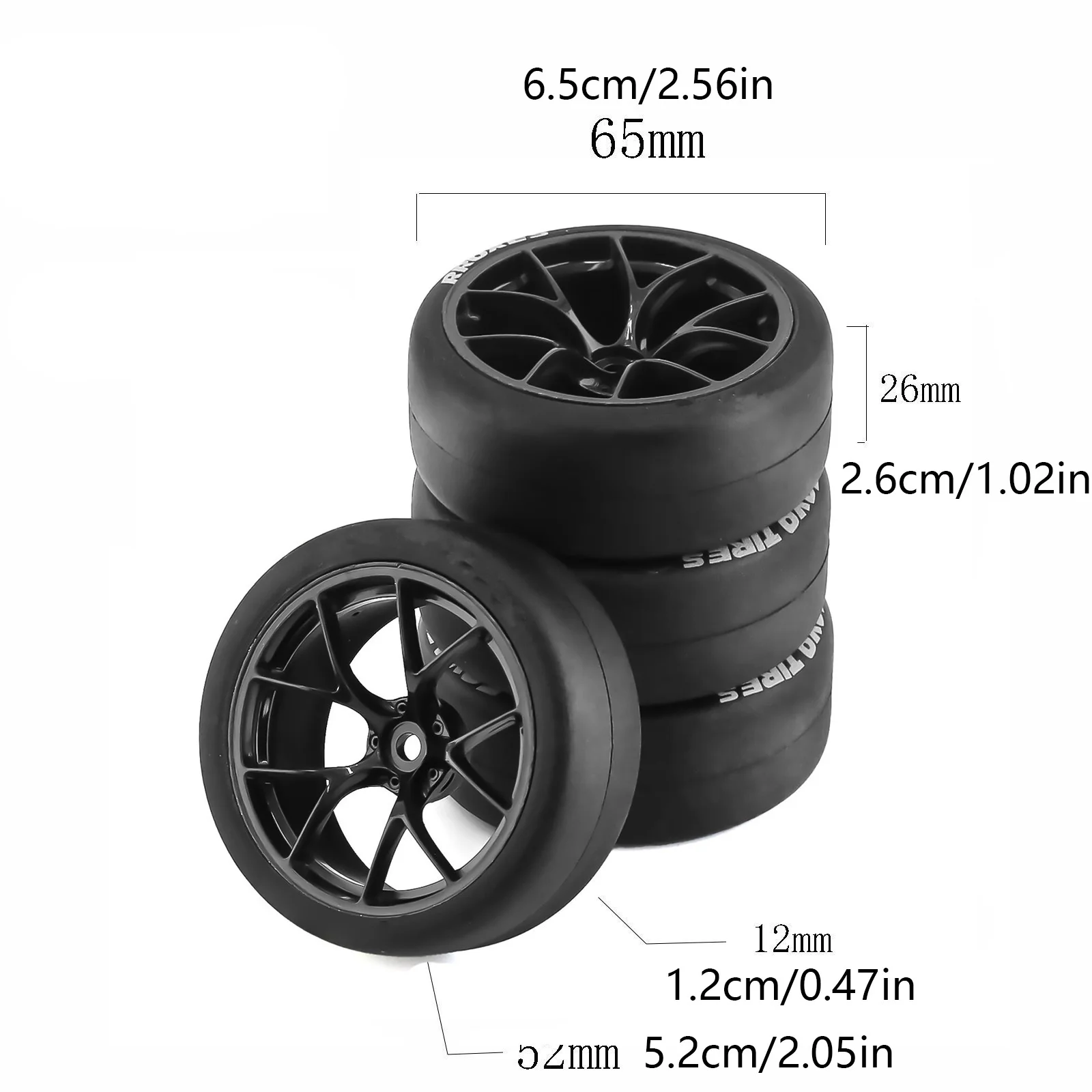 

Комплект из 4 штук: 65-мм резиновые шины с дисками 12-мм шестигранным креплением для радиоуправляемых гоночных моделей 1/10 (Tamiya TT01, TT02, HPS, HPI, KYOSHO)