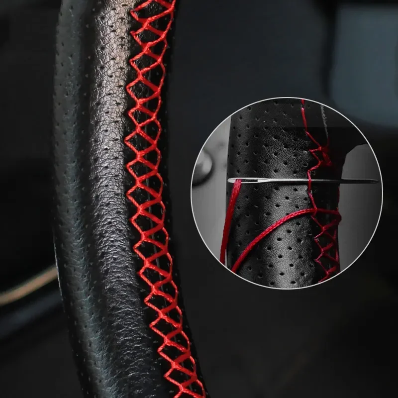 Universal Car Steering Wheel Stitch On Wrap Cover DIY Sewing Breathable and Anti Slip Black Red Hole Smooth