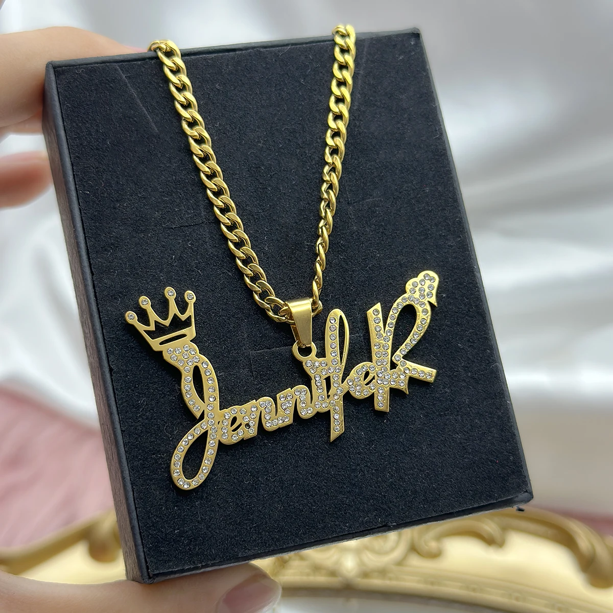 New Customised Children Nameplate Suit Custom MINI Earrongs Cuban Chian Zircon Name Necklace Crown Carved Bracelet Sets for Kids