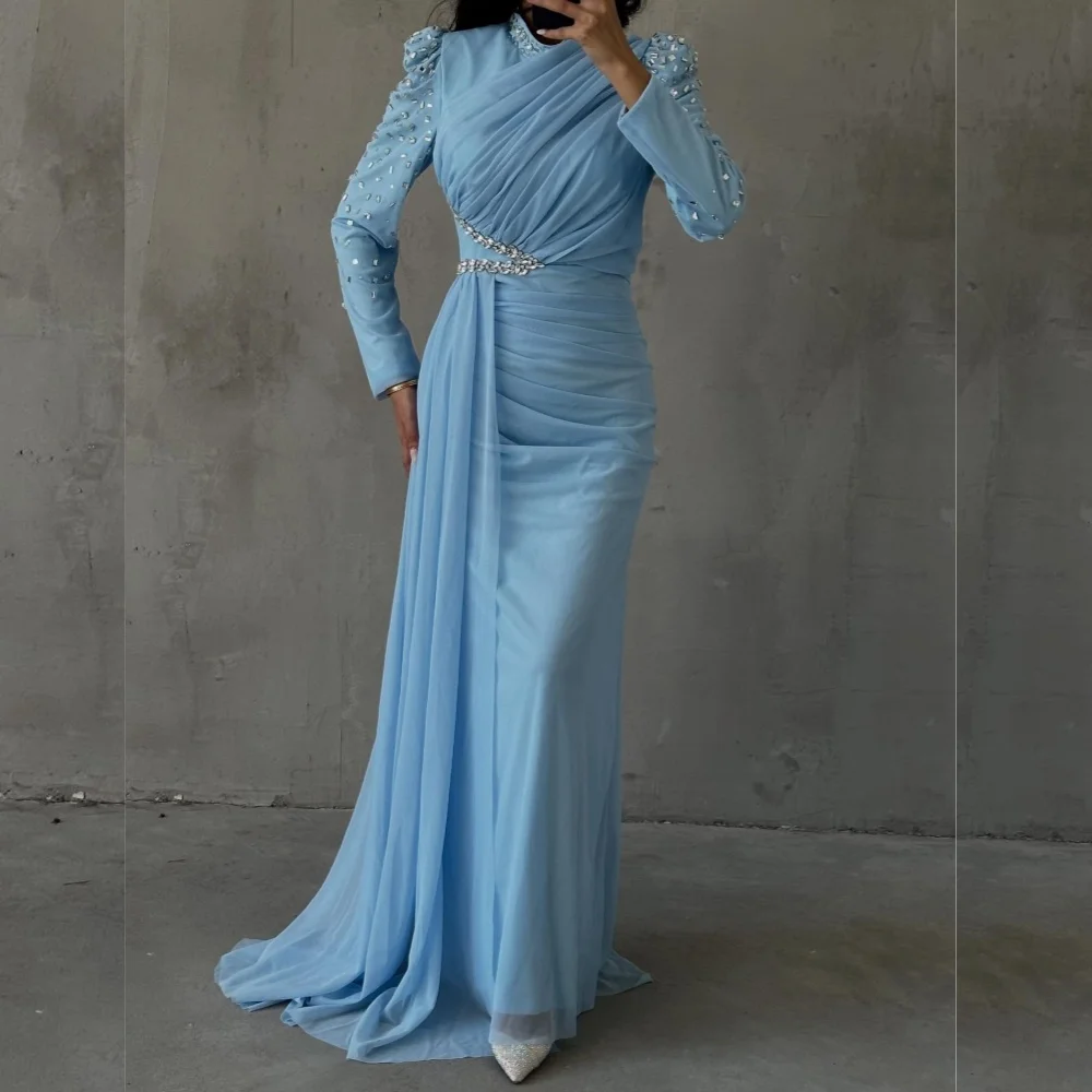 

Customized Modern Style Chiffon Sequined Pleat A-line High Collar Long Dresses Bespoke Occasion Sparkle