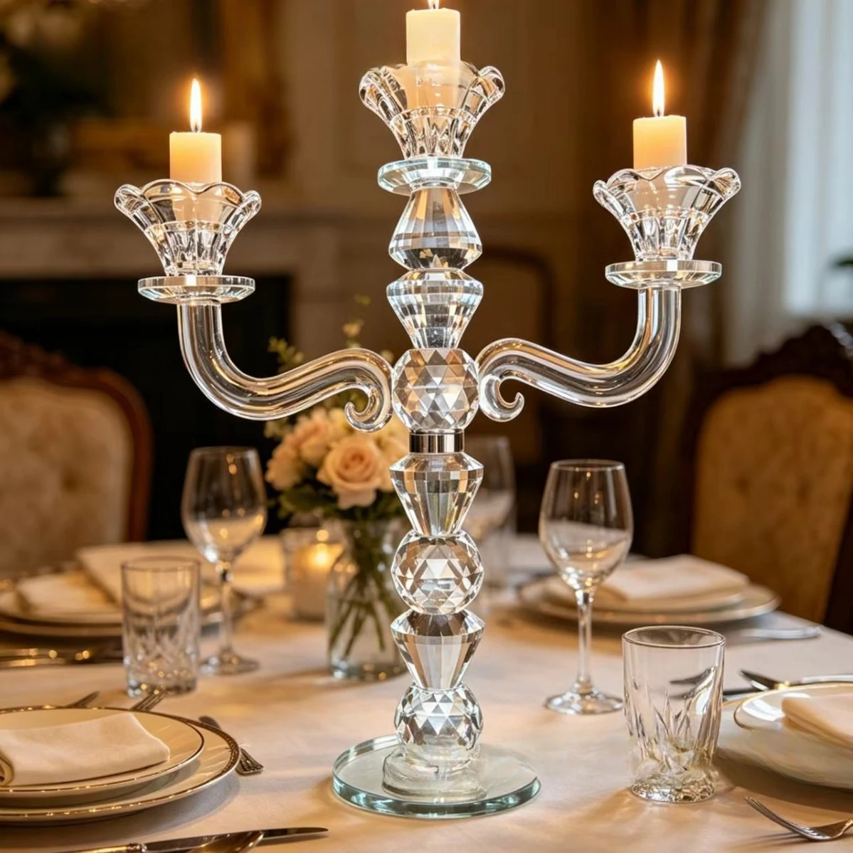 Three Head Crystal Flower Bowl Candlestick European Wedding Decor Craft Exquisite Atmosphere Table Ornament