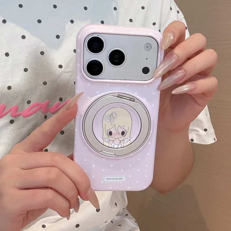 Fashion Pink Polka Dots Cute Girl Phone Case For iPhone 17 Pro 16 Pro 15 Pro Max Cover with Rotation Holder Hard Protective Case