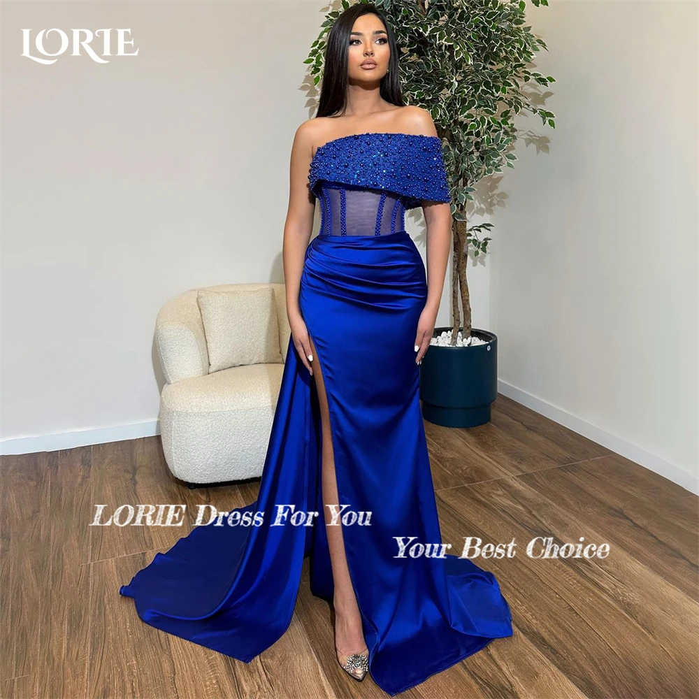 LORIE Royal Blue Mermaid Evening Dresses Glitter Off Shoulder One Sleeves Prom Dress Pleats High Side Slit Celebrity Party Gowns