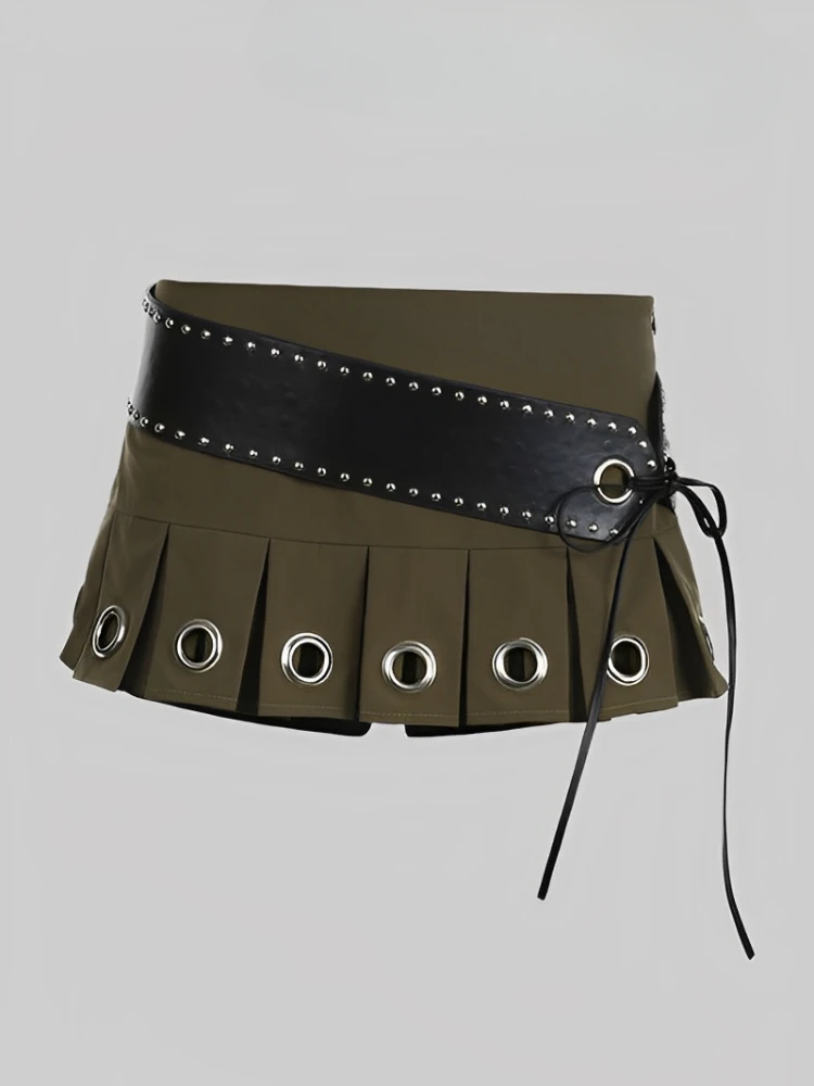 Women's Skirt American-Style Retro Low Waist Spring and Autumn Versatile Slim Slimming Pleated Dark Green with Belt Decoration