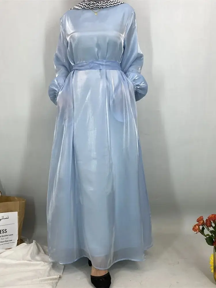 

Ramadan Fashion Shiny Silky Abaya Muslim Dress female big swing Islamic Kaftan Robe Musulman Abaya wy2250 with belt