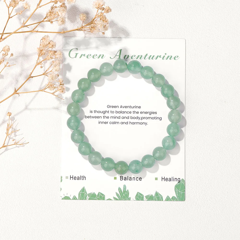 Green Aventurine Stone Bead Bracelet With Card 8MM Natural Carnelian Agates Amethysts Gem Stretch Bangle Healing Jewelry Gift