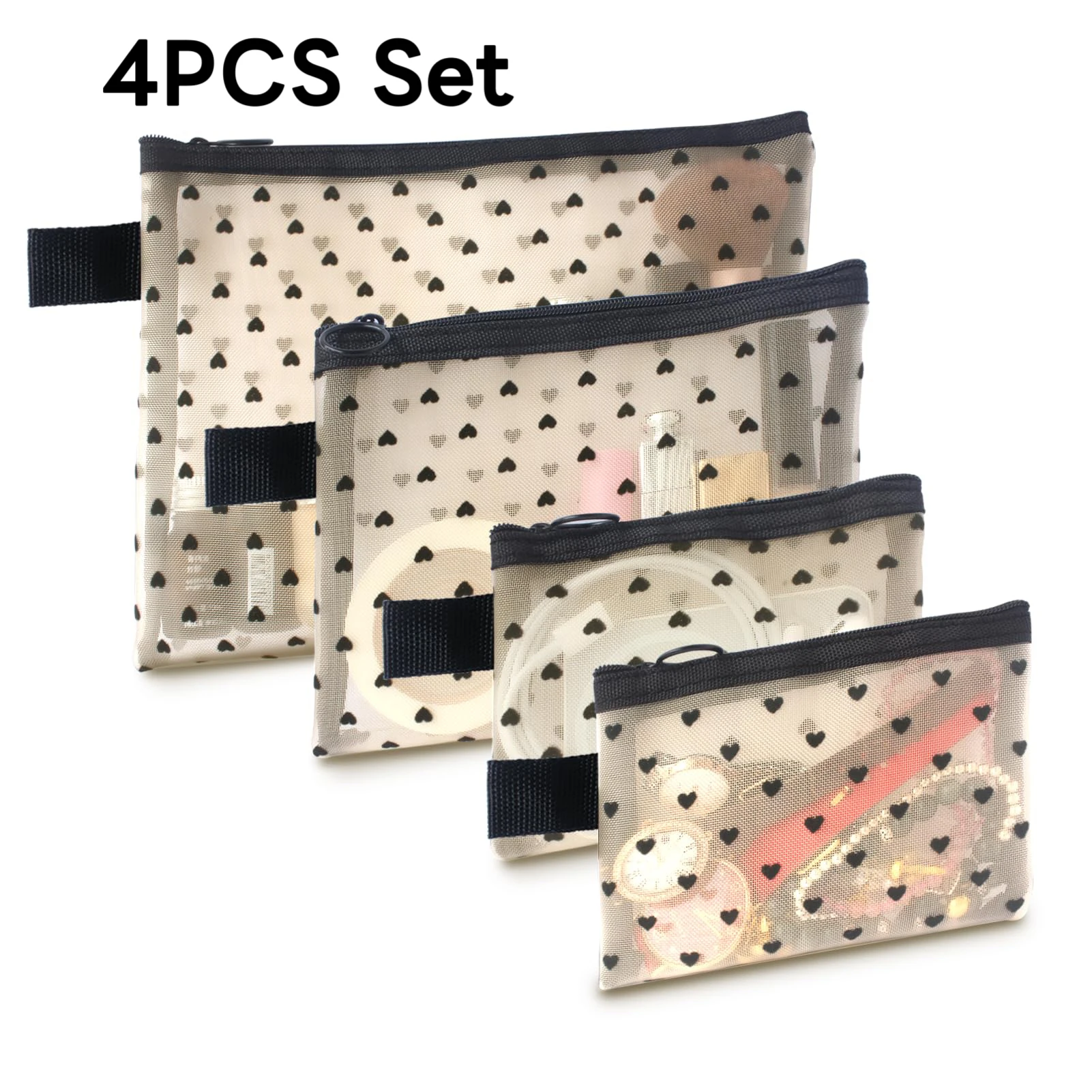 

4-Piece Heart Printed Mesh Makeup Bag Set, Portable Travel Mesh Cosmetic Bags Toiletry Bags Makeup Purse Bags, Zipper Storage Po