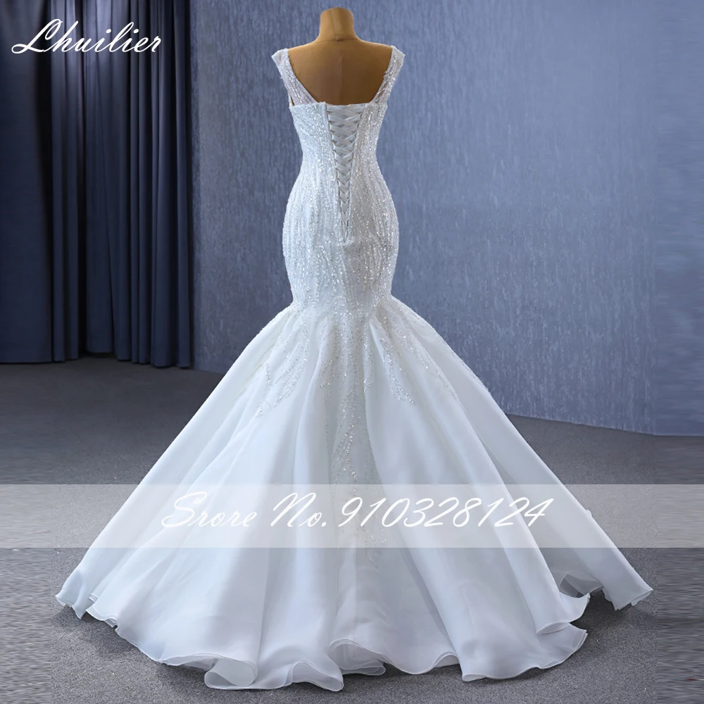 Lhuilier personalizado querida decote sereia vestidos de casamento de renda sem mangas cristal frisado vestido de noiva com trem tribunal