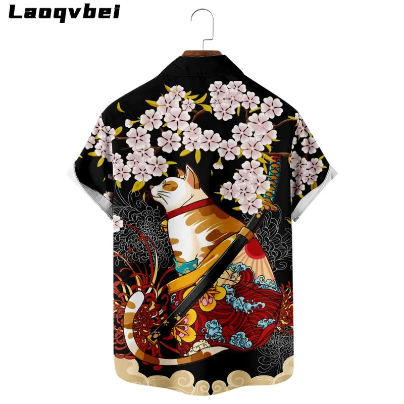 

Men's Oversized Top 6XL 5XL 4XL Japanese Anime Cat Samurai Print Hawaiian Shirt 2023 Summer Loose Short Sleeve Shirt