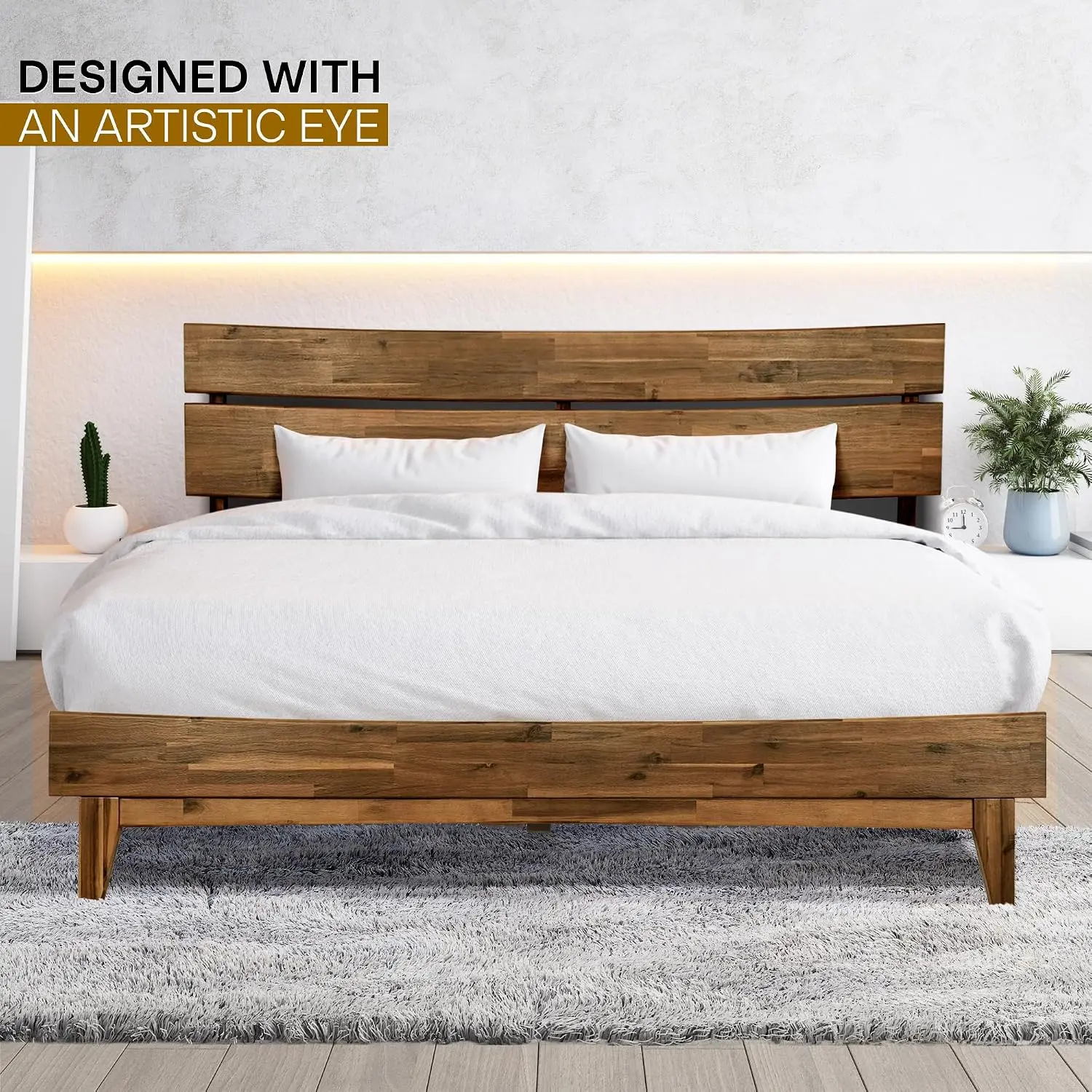 Solid Wood Platform Bed Queen Headboard Easy Assembly No Box Spring 800 Lbs All Mattress Slats Walnut, Customized image 6