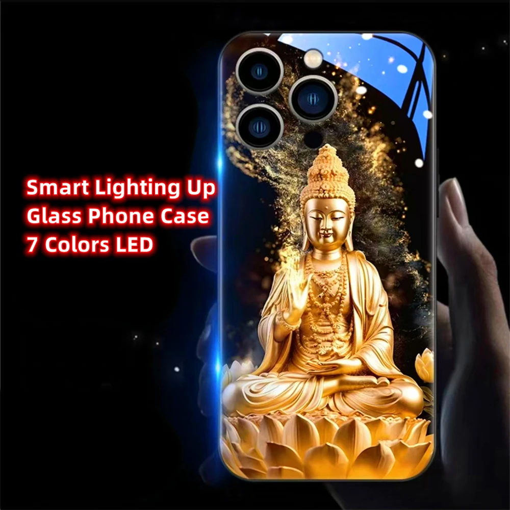

Golden Bodhisattva Smart LED Light Glow Tempered Glass Phone Case For iPhone 16 E 15 14 13 12 11 Pro Max XR XS Plus 7 8 SE2020