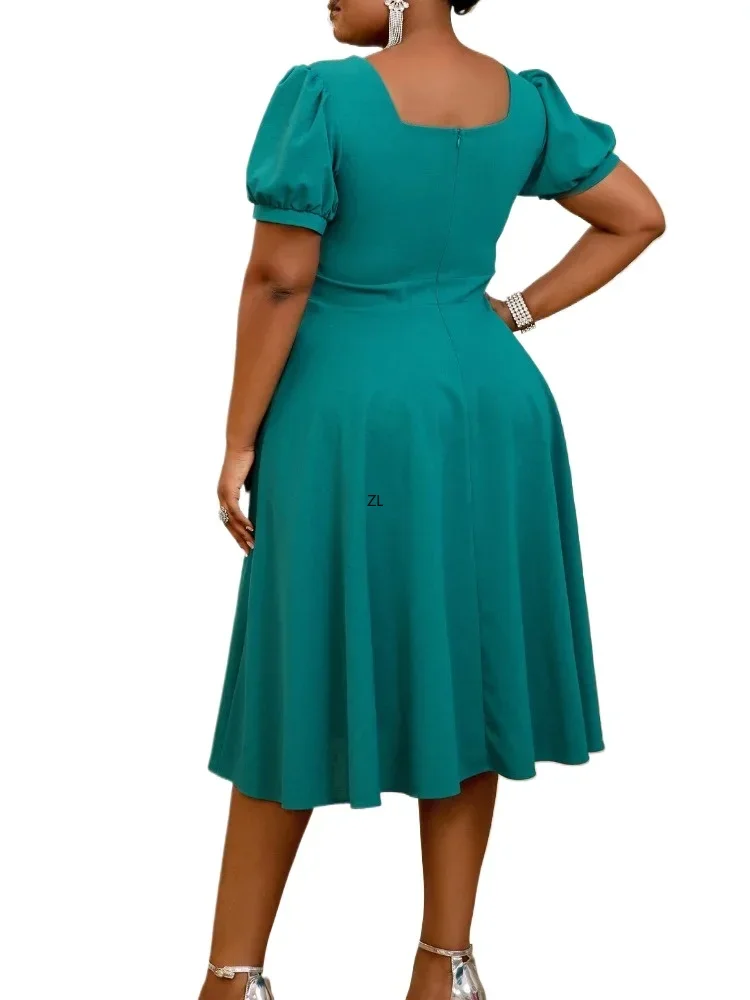 Vestidos Verde Linha A para senhoras, gola quadrada, recortada, manga curta, cintura alta, gravata borboleta linda plissada, vestidos de festa de aniversário