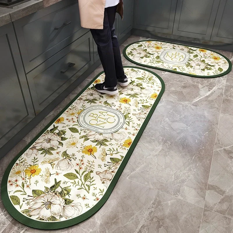 VIKAMA Retro Botanical Flower Anti‑slip Kitchen Mat Set Oval Shape Easy To Clean Long Floor Rug For Home Decoration