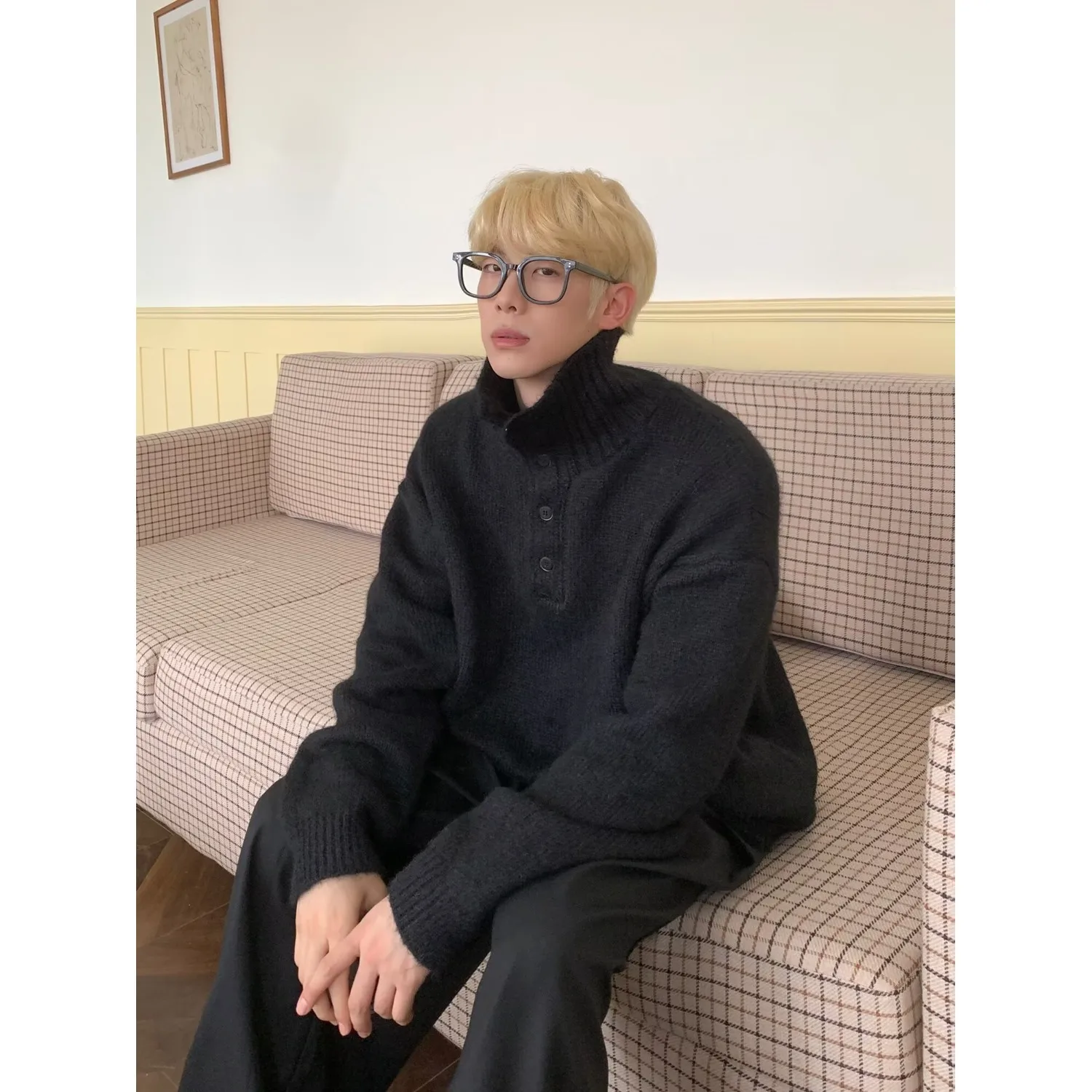 

Свободный крой Thiened Long Sve, вязаный свитер с высоким воротником, мужская осенне-зимняя модная верхняя одежда, удобный полиэстер