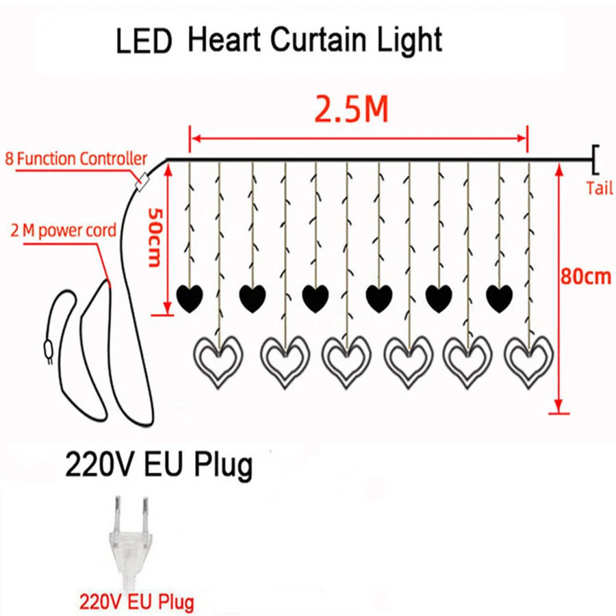 Guirxiété lumineuse LED rideau romantique en forme de cœur, 8 modes, lumières dégradées de Noël, guirxiété pour la maison, la chambre, la décoration de fête de mariage