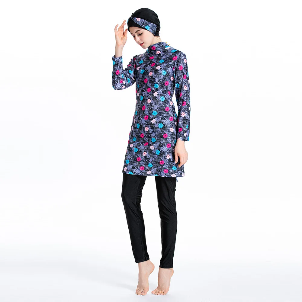 Women Muslim Burkini Swimsuit Modest Swimwear Islamic Long Sleeve Full Cover Hijab Flower Dress Top Cap Swim Pants ​Bathing Suit