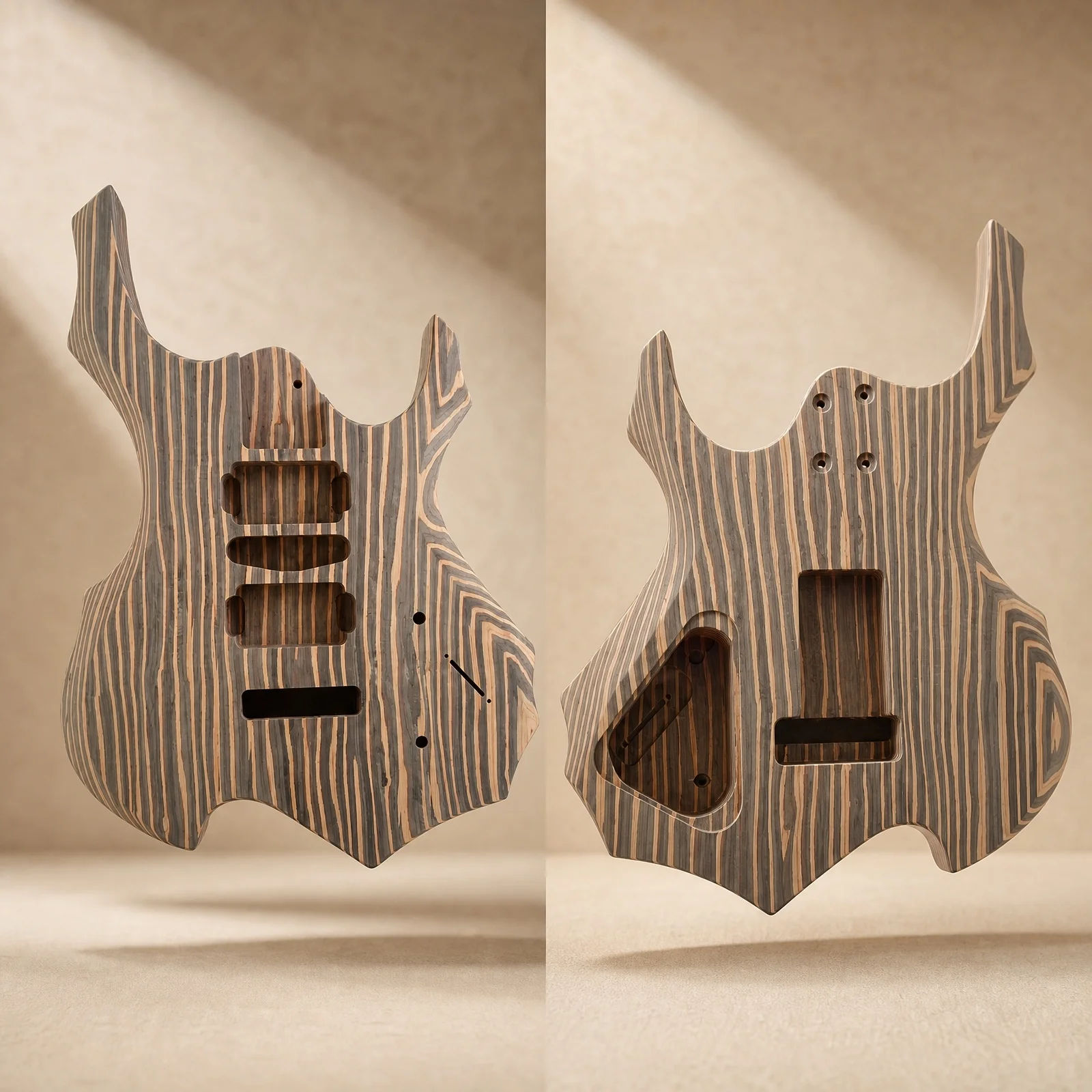 Flame shaped electric guitar body, DIY, made of zebra wood material (zebra striped two-color splicing sandwich compression）