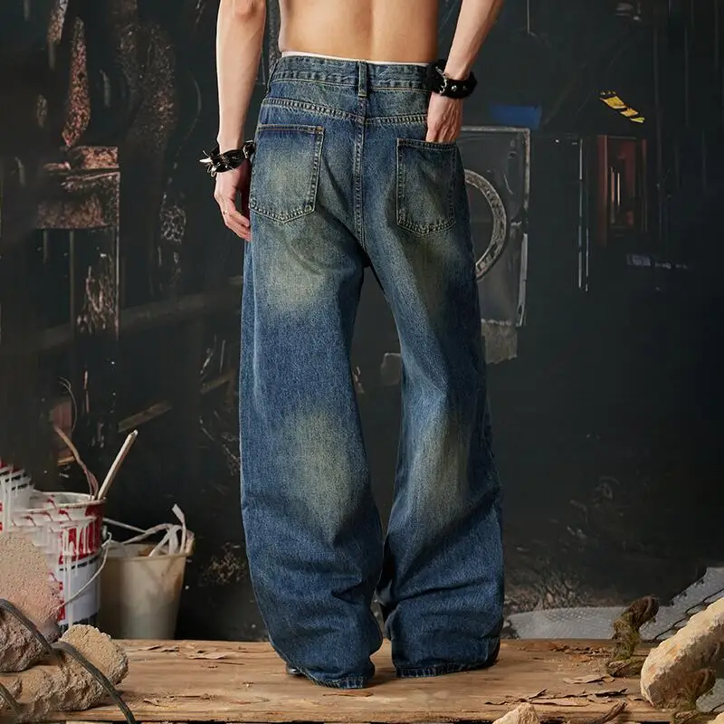 MWJLPWQ Punk Rivet Decorate Straight Jeans Men's Y2K Street Washed Distressed Casual Loose Trousers Unisex Wide Leg Pants 14882