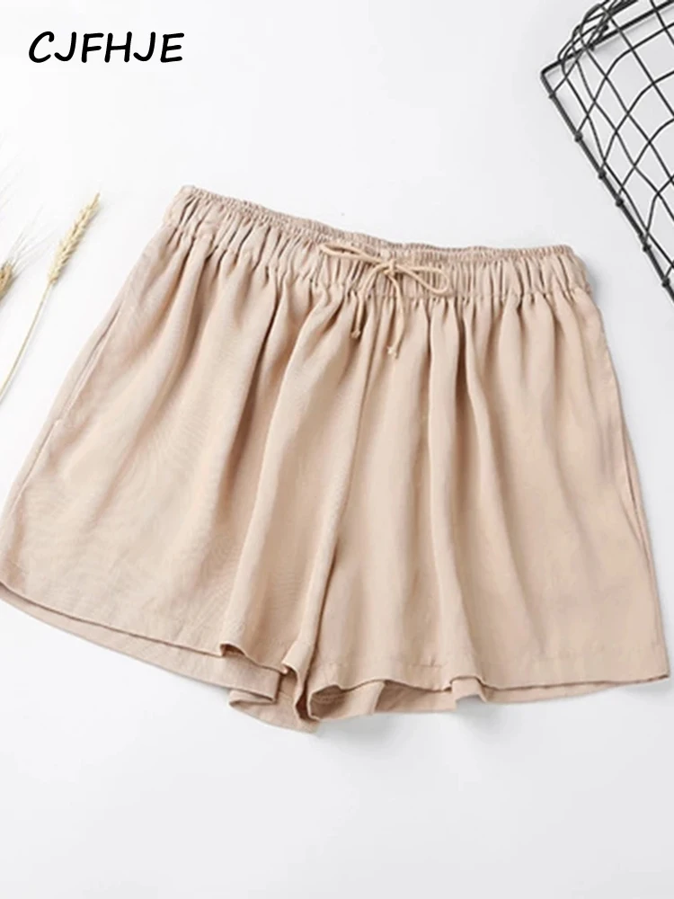 CJFHJE Summer Elastic High Waist Wide Leg Shorts Solid Color Casual Loose Cool Short Feminino Korean Drawstring Women\'s Shorts