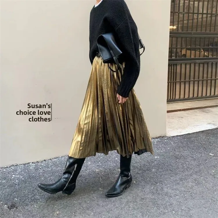 

Modern Retro Gold Metal Folded Waist Elastic Women's Skirt Versatile Mid-Length A-Line Polyester Fiber High Waist Skirt