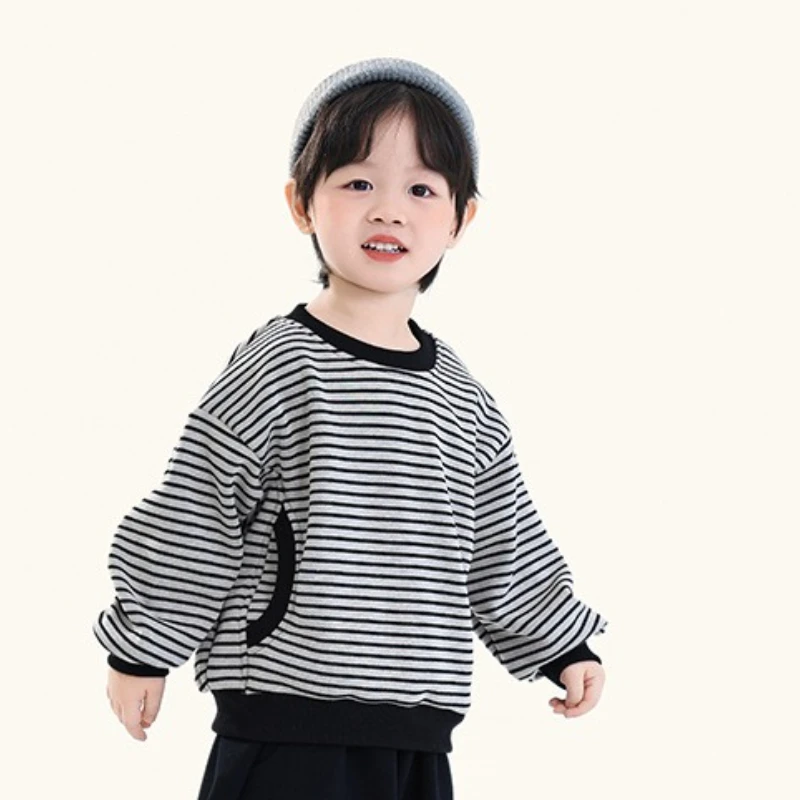 Children's Clothing, Boys' Fleece Hoodie, Winter New Item, Korean Version Striped Top Children's Thick Pullover