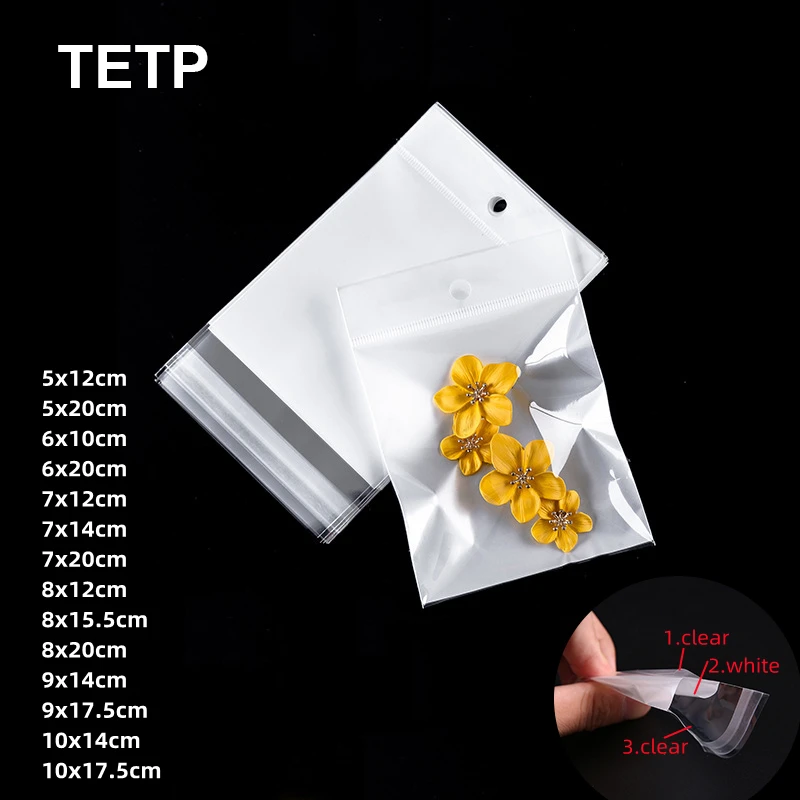 TETP 100Pcs Three Layers Clear Self Adhesive Bags With Hang Hole Earrings Necklaces Hair Clips Jewelry Display Storage Opp