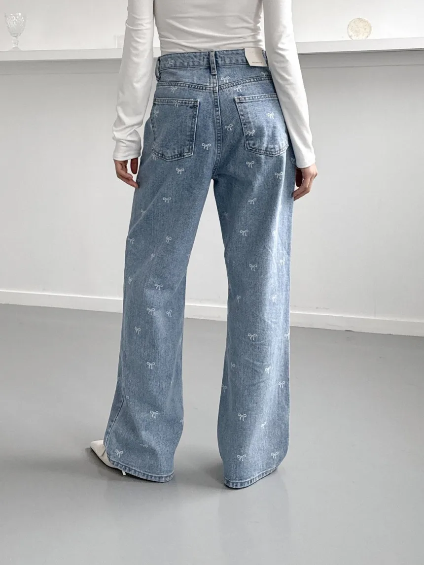 High Waisted Women Denim Jeans 2024 Autumn Bow Embroidered Wide Leg Straight Full-length Pants Trousers Korean Fashion Chic Jean