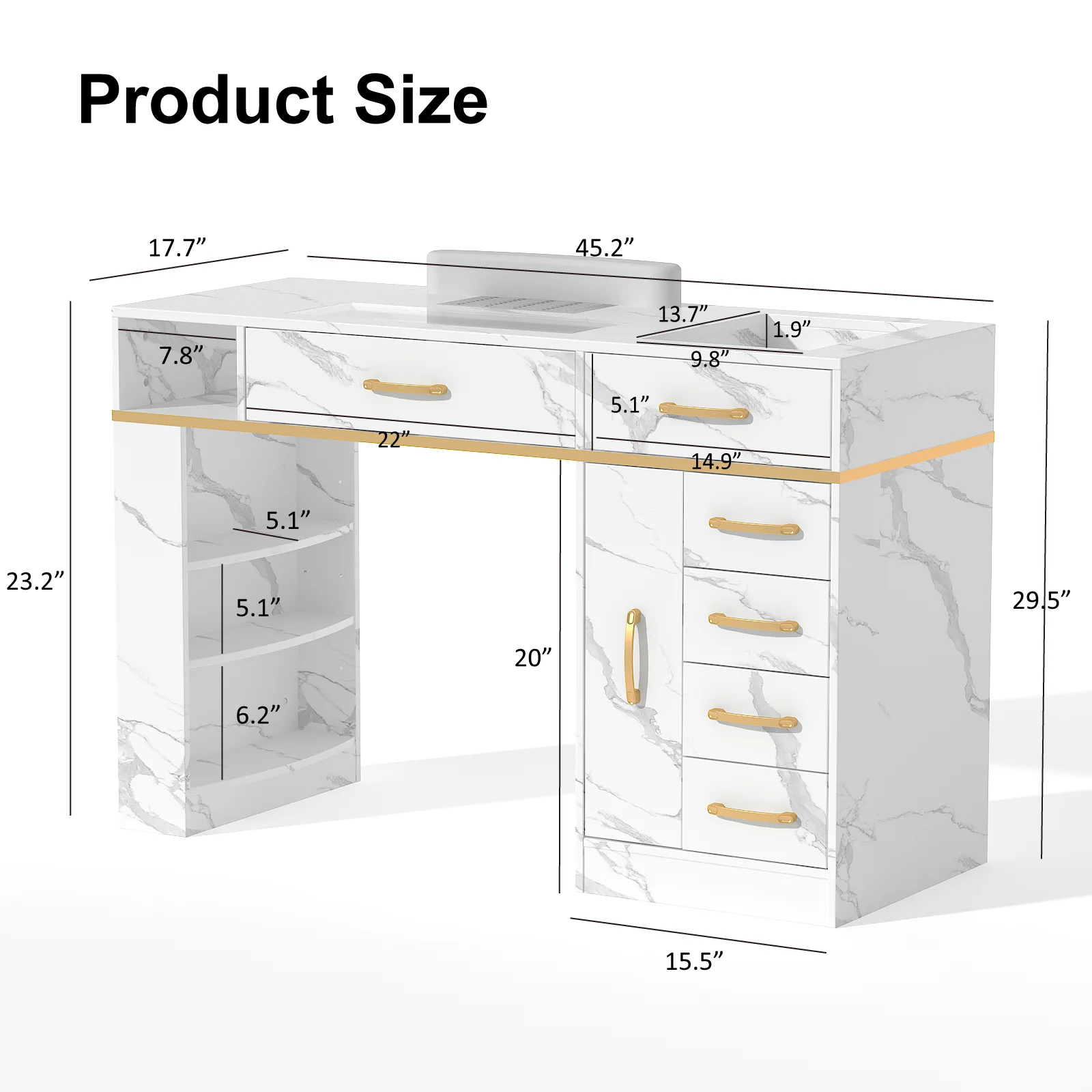 Nail Table Station with Dust Collector, Glass Top Manicure Desk with 7 Drawers & 3-Tier Open Shelves for Nail Salon & Home Use