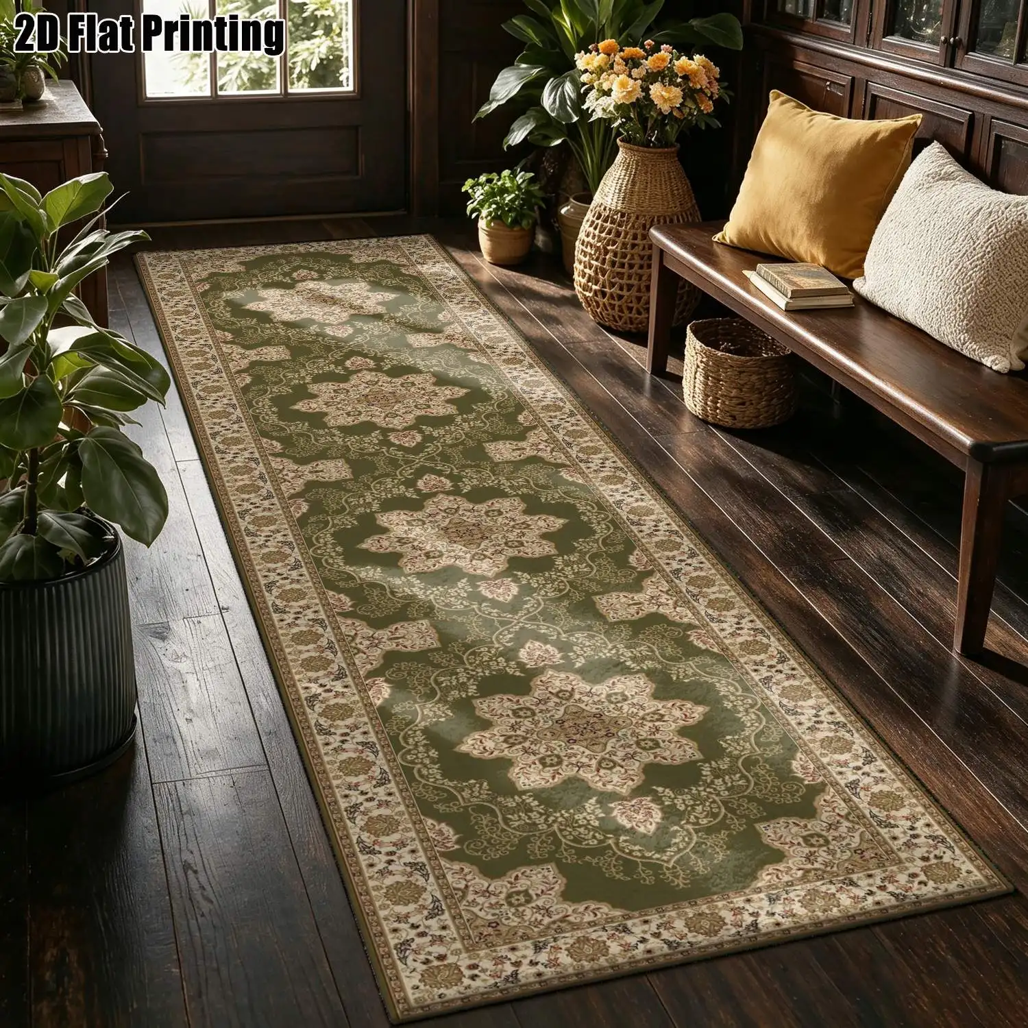 1Pc 2D Printed Long-Strip Runner Carpet with a Retro Green-Based Floral Pattern This European-Style Long-Strip Carpet Is Available in Various Sizes and Can Be Machine-Washed. It Is Suitable for Entrance Doors, Hallways, Living Rooms, and Bedrooms.