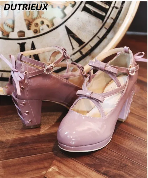 Summer Autumn Women's Shoes Japanese-Style Retro Court with Bow Lolita Shoes 2023 New Ankle-Strap High Heel Mary Jane Shoes