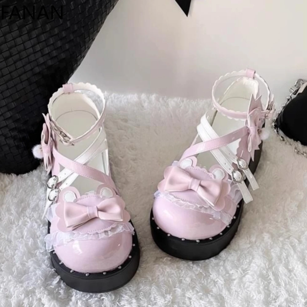 

2025 New Flat Lolita Shoes Platform Subculture Blue Women Shoes Casual Kawaii Student High Heel Sandals Pumps Japanese