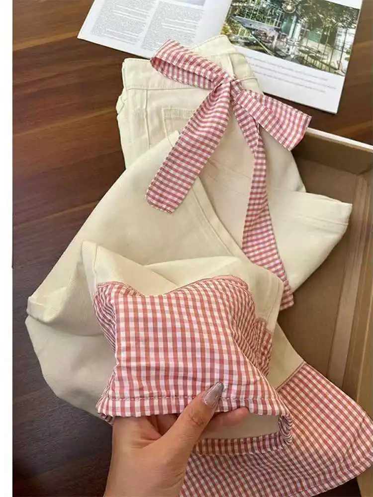 

Dopne Pink Bow Tie Patchwork Jeans Women's Loose Straight Leg Long Pants Summer Commute Sle High Waist Casual Faion