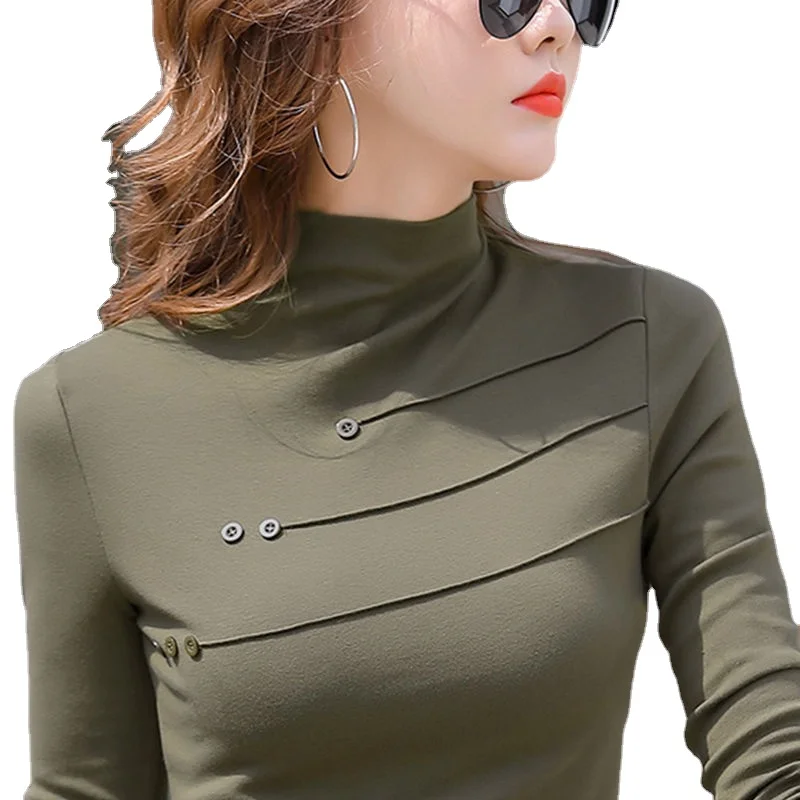 

Autumn and Winter 2021 New Women's T-Shirt Cotton Half High Collar Long Sleeve Undercoat Fashion