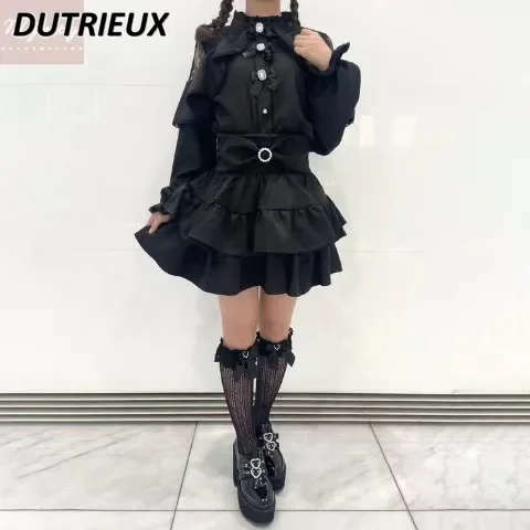 Japanese Style Summer New Mine Sweet Ladies High Waist A-line Mini Skirt Black Ruffle Edge Fashion Kawaii Short Skirts