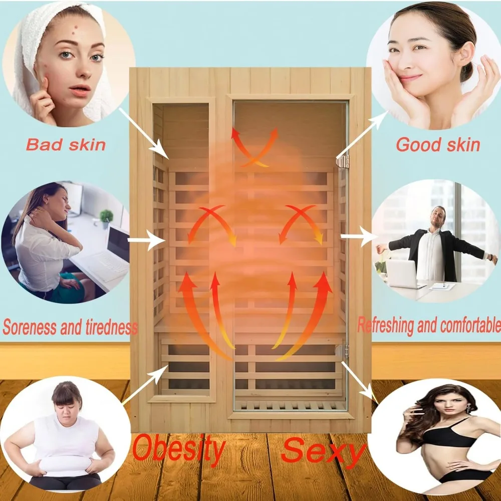 Sauna infravermelha, saunas infravermelhos distantes para casa, sala de sauna de madeira hemlock, spa de sauna doméstica interna de baixo EMF, 1500 watts, alto-falantes Bluetooth