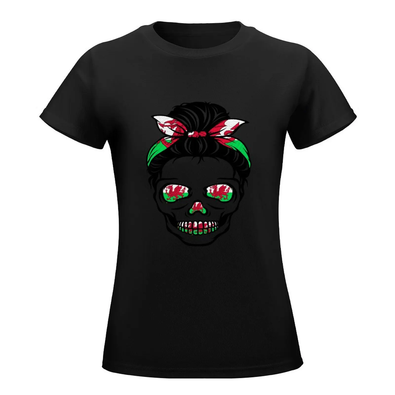 Gothic Skull Messy Bun Welsh T-Shirt funny animal prinfor lady clothes new edition Summer Women's clothing