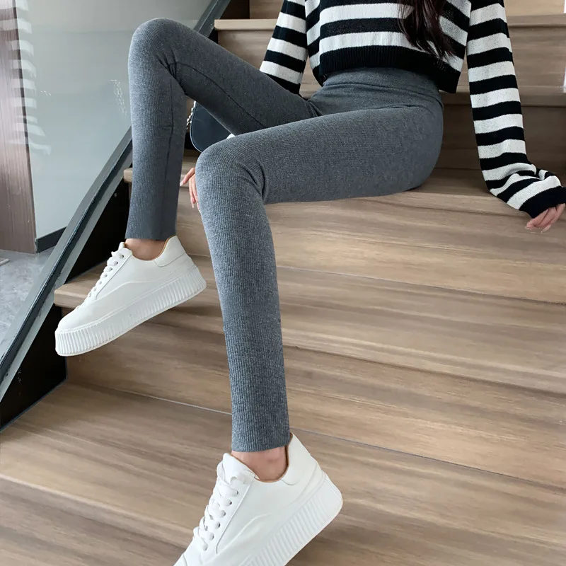 Ribbed Cotton Leggings Women Spring and Autumn Tights High Elastic Skinny Casual Pants Workout Walking Solid Leggings for Women