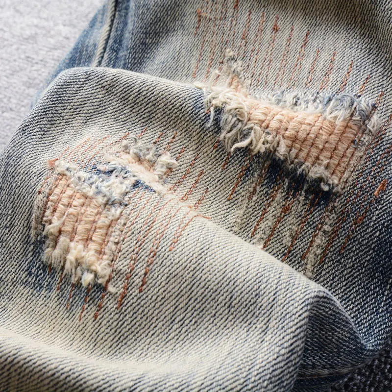Fashion Designer Men Jeans Retro Washed Blue Stretch Slim Fit Ripped Jeans Men Embroidery Patched Vintage Denim Pants Hombre