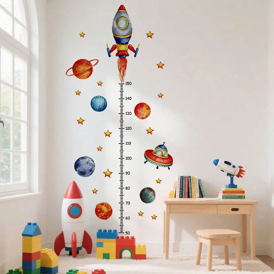 Autocollants muraux pour tableau de croissance des enfants, 2 feuilles – Suivi de la taille et de la longueur amovible avec fusée, planètes, étoiles et règle numérotée