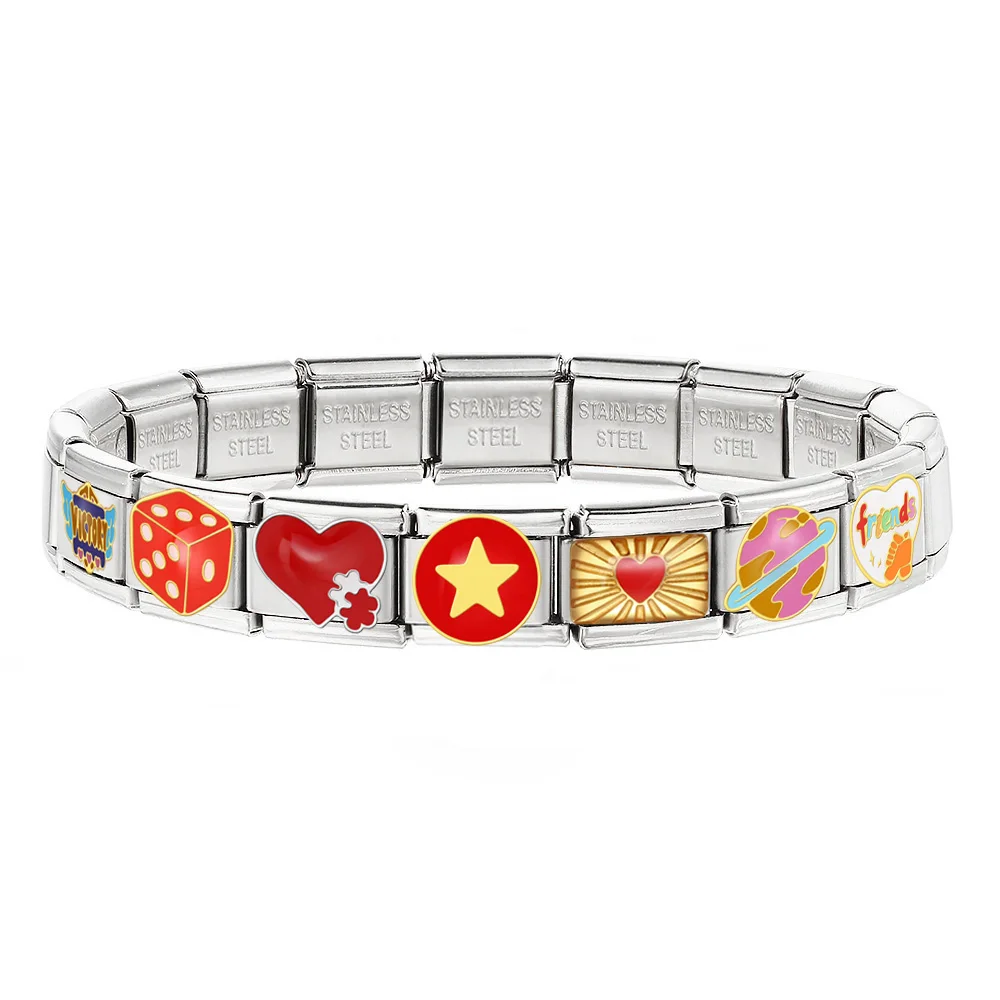 Fashion Colorful Glaze Star Moon Planet Cash Dice Charms Italian Stainless Steel Link Fit 9mm Bracelets Making Jewelry DIY Beads