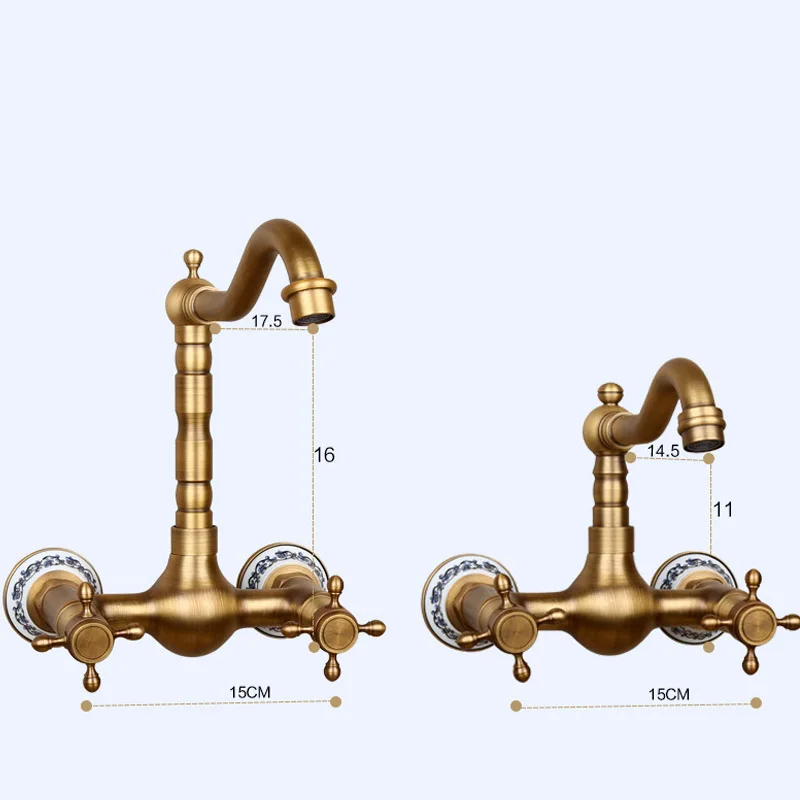 Basin Faucets Antique Brass Wall Mounted Kitchen Bathroom Sink Faucet Dual Handle Swivel Spout Hot Cold Water Tap with tow pipe