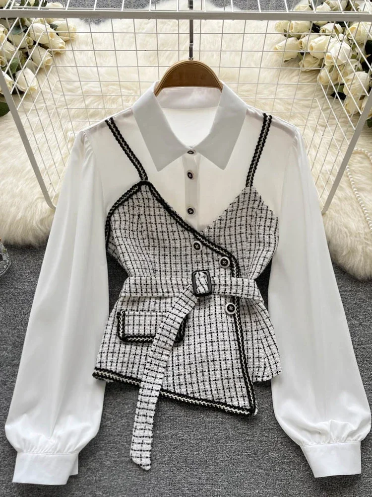 Women Spring Autumn Shirts Houndstooth Stitching Long-sleeved Irregular Plaid Lace Beautiful Small  Waist Top Patchwork  D1863