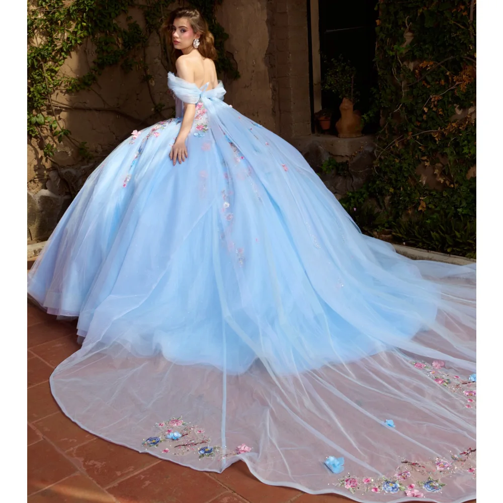 Vestido de Quinceanera Azul Céu para Mulheres, Vestido de Baile com Apliques, Capa, Contas e Flores 3D Personalizado, Vestidos de 15 Anos