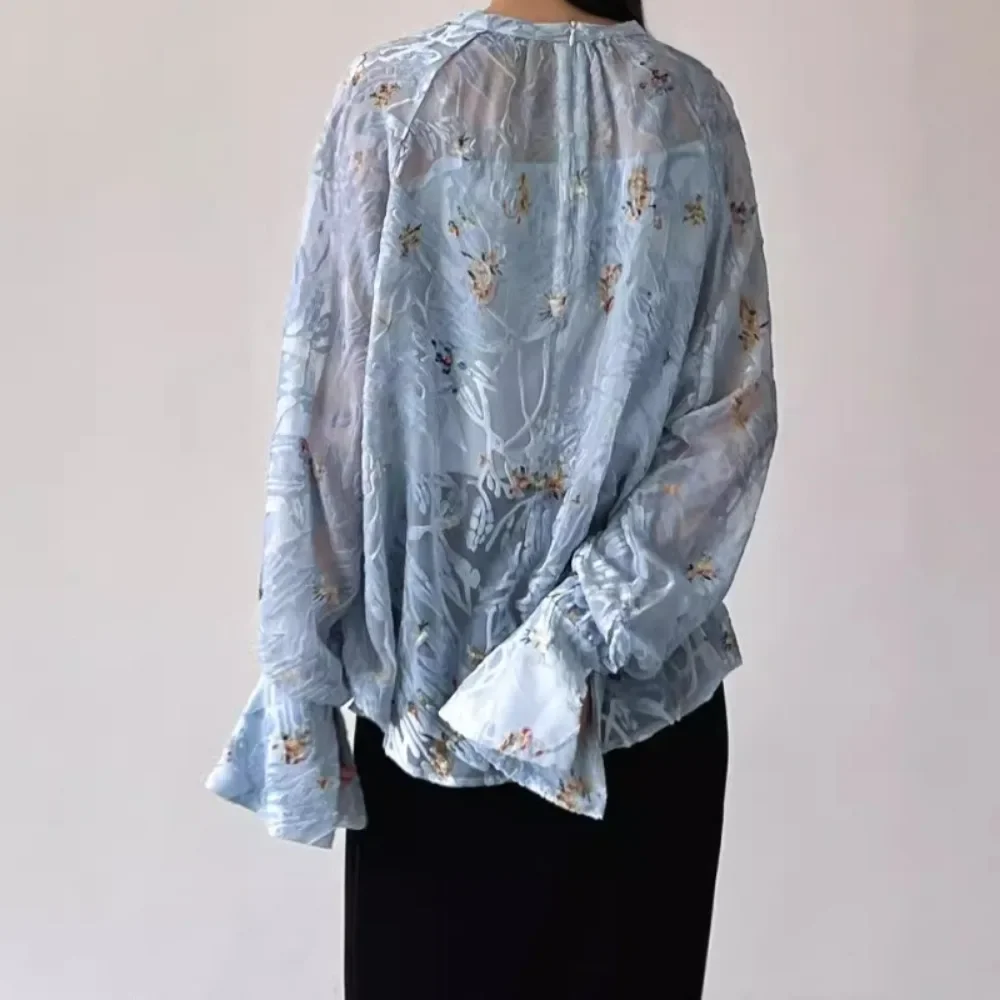 Kuzuwata All-match Print O Neck Flare Sleeve Pullover Shirt Vintage Casual Slim Fit Loose Crop Top Japan Jacquard Velvet Blouses