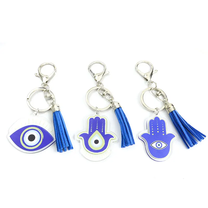 Hamza Hand Fatima Evil Eye Acrylic Keychains Blue Turkish Devil Eye Tassel Pendant Keyrings Amulet Jewelry Car Bag Key Accessory