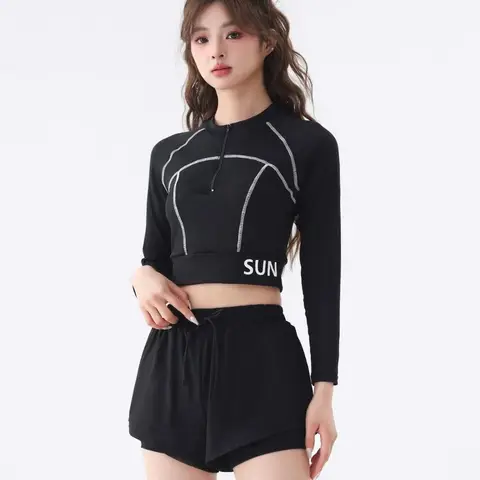 New Korean Style Long Sleeve Women's Swimsuit Two Piece Set Slimming Waist Sports Style Sun Protection Bikini Ensemble