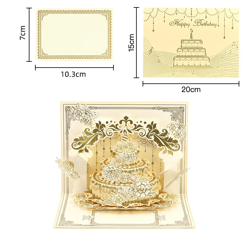 Musical 3D Pop-Up Greeting Card Gilt Cake Senior Birthday Handwritten Blessings Holiday Card with Envelope Led Music Gift Cards