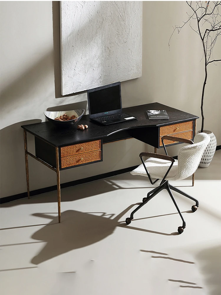 Luxury retro desk Nordic style study desk with antique design sense rattan wrought iron desk computer