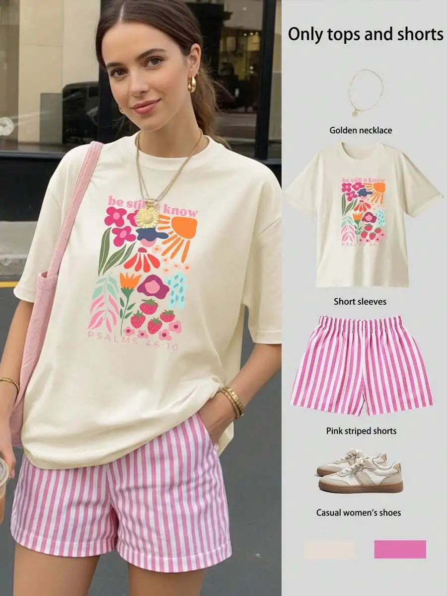 

Floral Graphic Loose Short Sleeve T-Shirt & Pink Striped Shorts Set for Women